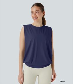 Halara Round Neck Ruched Cool Touch Yoga Tank Top - UPF50+- Patriot Blue (Small)