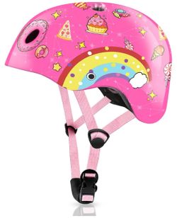 Pink kids bike helmet with rainbow, donuts, cupcakes, and stars design. Size small. #kids #rainbow