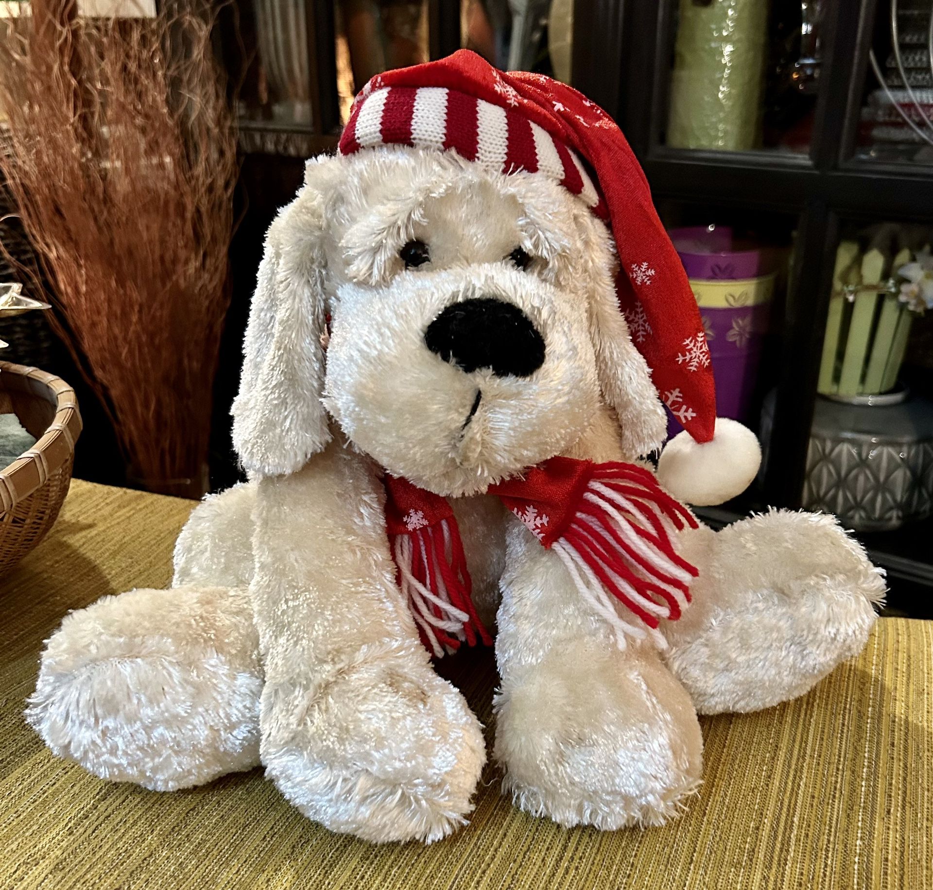Large Puppy Dog With Red & White Hat & Scarf
