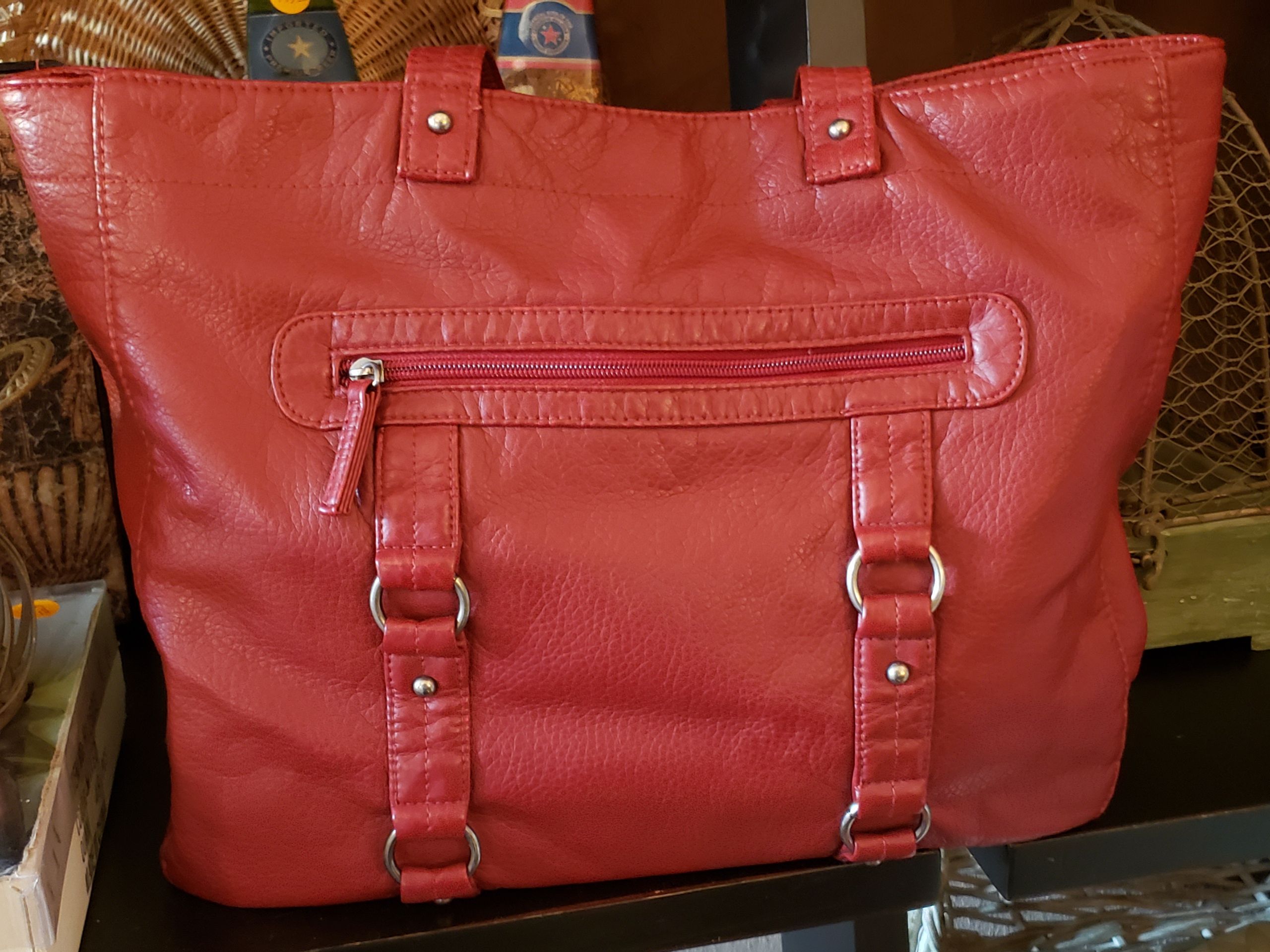 Nice soft red tote/handbag/shoulder bag. Open center with snap close ...12t, 14w, 3d, 12 in strap drop