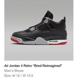 Jordan 4 Retro “Bred Reimagined” Size 12