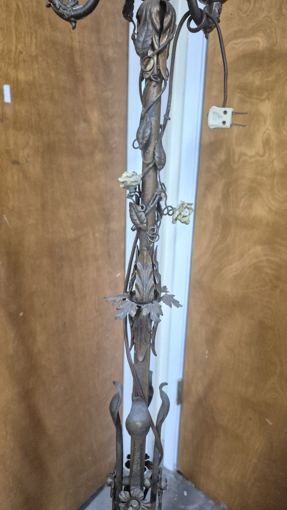 Antique Italian Wrought Iron Marble Base Floor Lamp With Floral Design