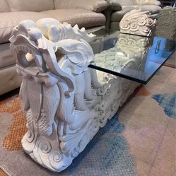Decorative Console Or Sofa Table Featuring A Glass Top Supported By Sculptural Dragon Motif.