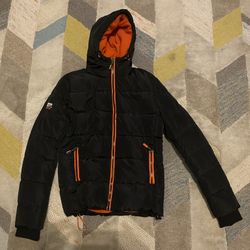 Superdry Black Puffer Jacket with Orange Trim, Medium