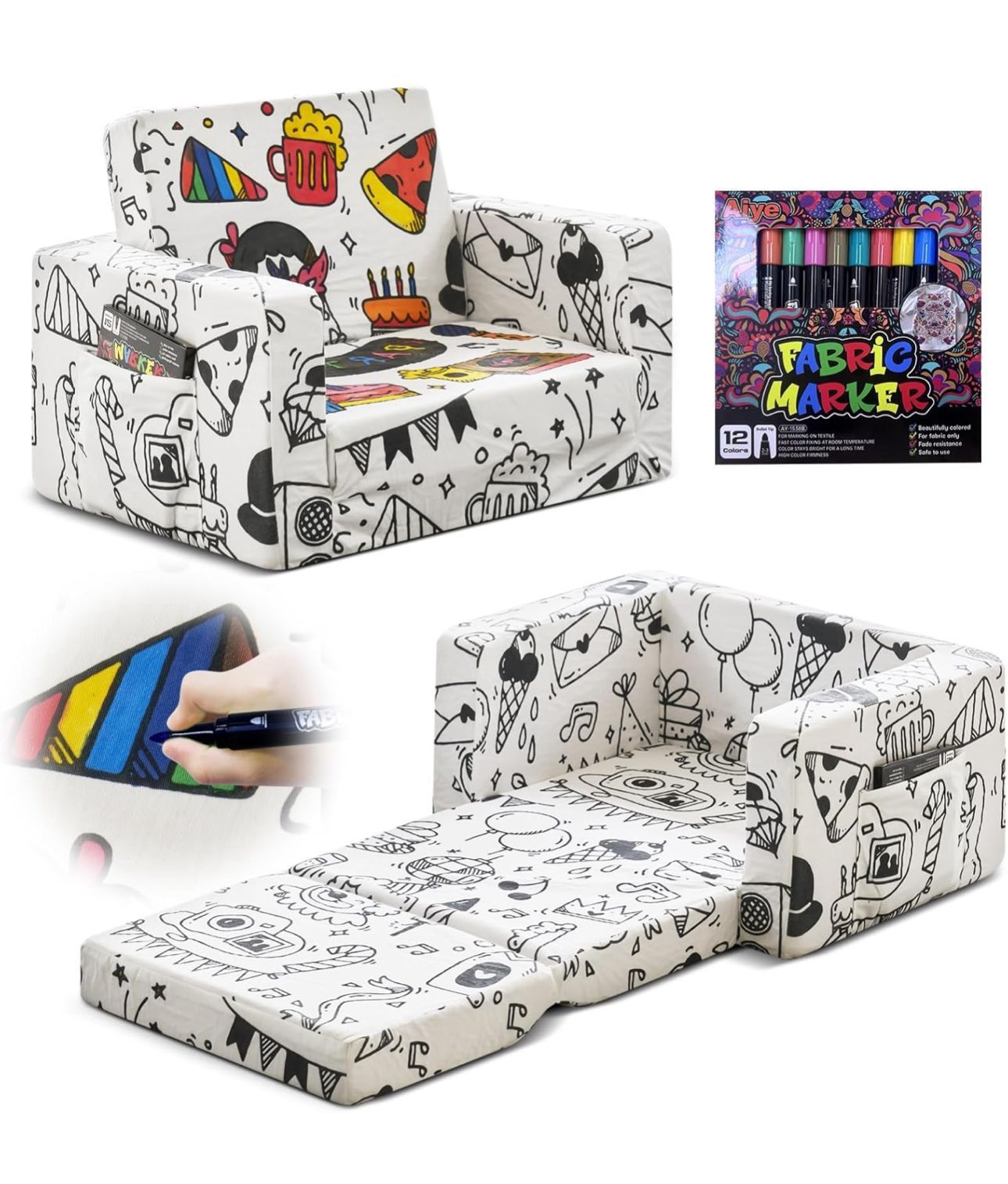 Kids Couch, Novelty Graffi DIY Toddler Chair Toddler Kids Baby Couches Sofa That Fold Out w/Random Doodle Pattern, Kids Chairs Comfy Toddler for Boys