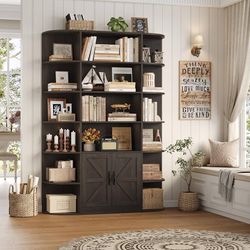 75" Tall Book Shelf and Bookcase, 6 Tier Bookshelf with Storage, 47" Wide Bookcase with Doors, Freestanding Wood Display Shelves with Book Storage Cab
