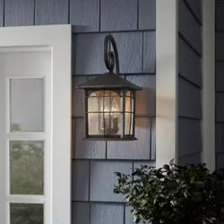 Brimfield 17.5" Aged Iron 3-Light Outdoor Wall Sconce - New in Box - Seedy Glass, Wet Rated