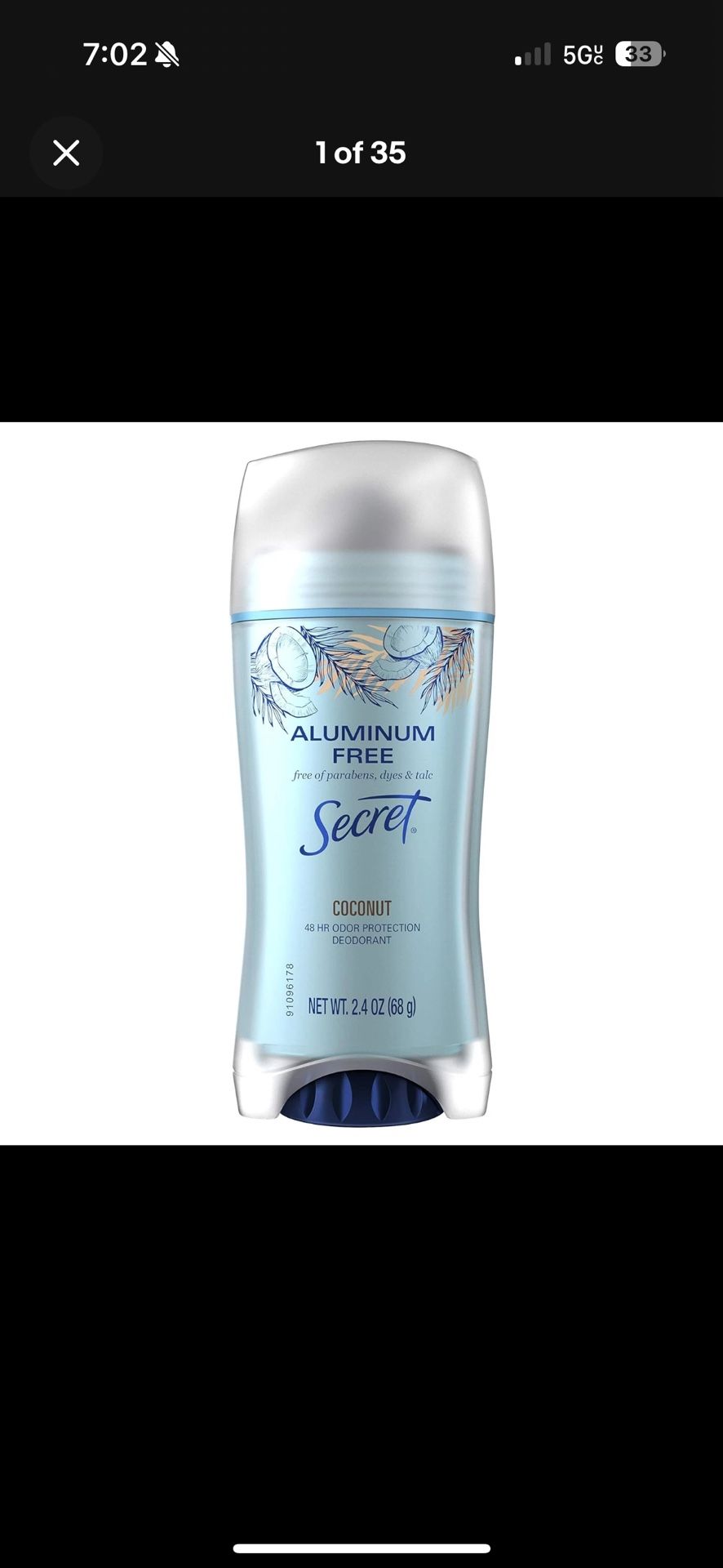 Secret Aluminum Free Deodorant, Coconut 2.4 oz, Pack of 3 (ON DISCOUNT)