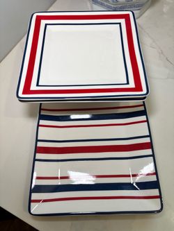 Tommy Hilfiger Square Appetizer Plates Set of 4 Red White Blue Striped Ceramic 7”