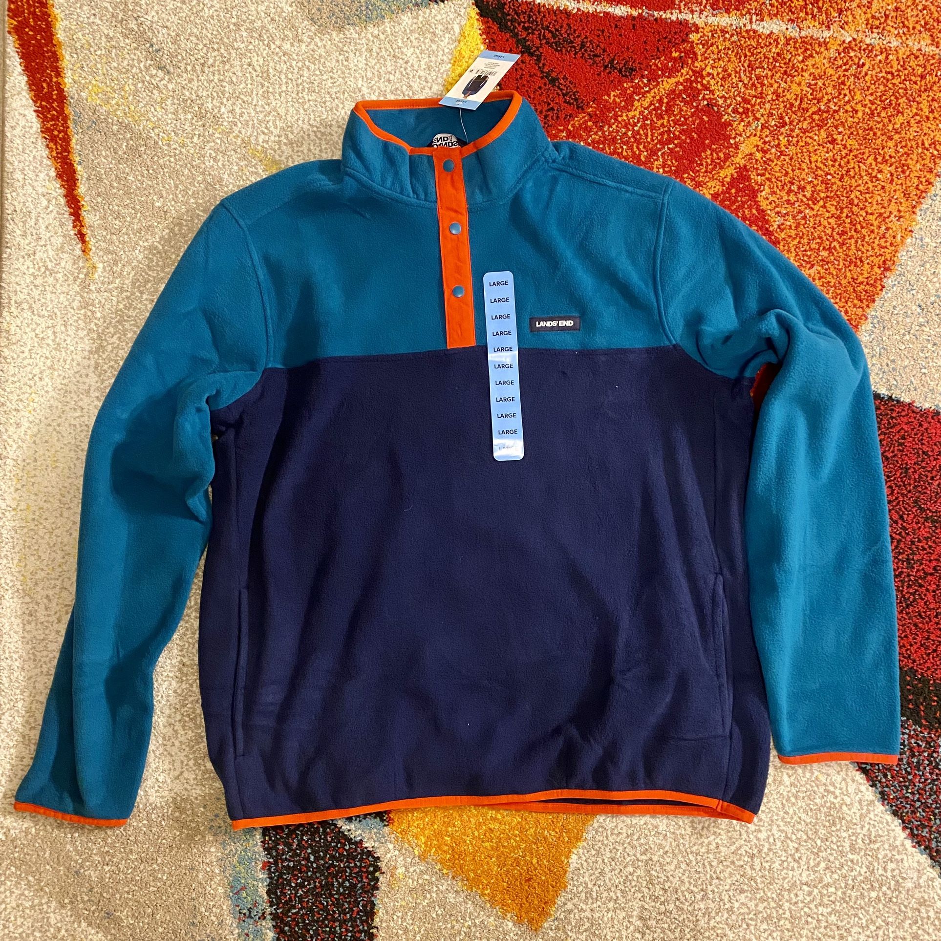 NWT LANDS’ END Fleece Quarter Snap Pullover Jacket Men’s Large NEW W/ Pockets