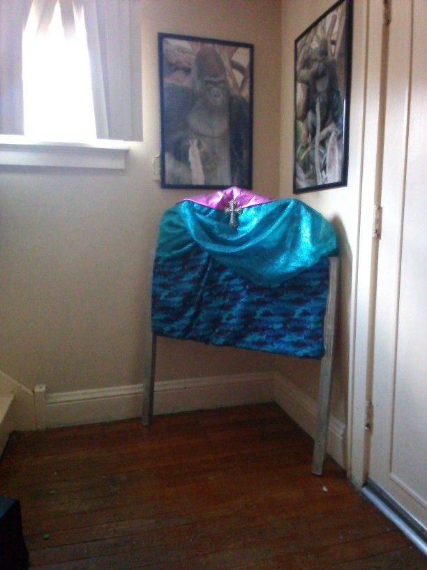 Custom Headboard  Shark Pattern Blue And Turquoise In Color .Cross Emblem And Turquoise And Pink Seafoam  With Silver Post 