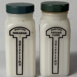 Vintage Griffiths Purified Clove and Majoram milk glass spice jar