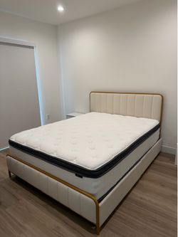 Golden queen bed frame and mattress with storage