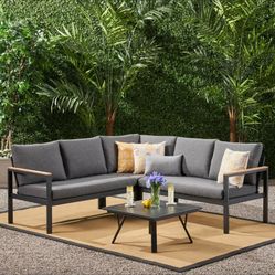 Jessica Outdoor Aluminum V-Shaped Sofa Set w/ Faux Wood Accents Gray Finish NEW