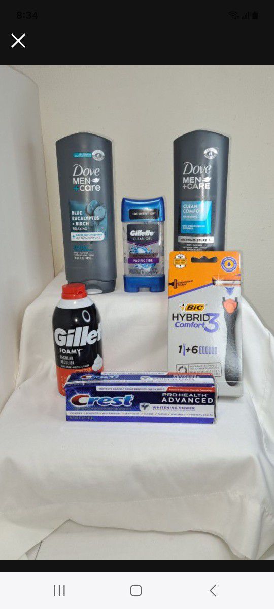 Dove Men Bodywash, Bic Razors, Gillette Deodorant & Shave Gel + Crest