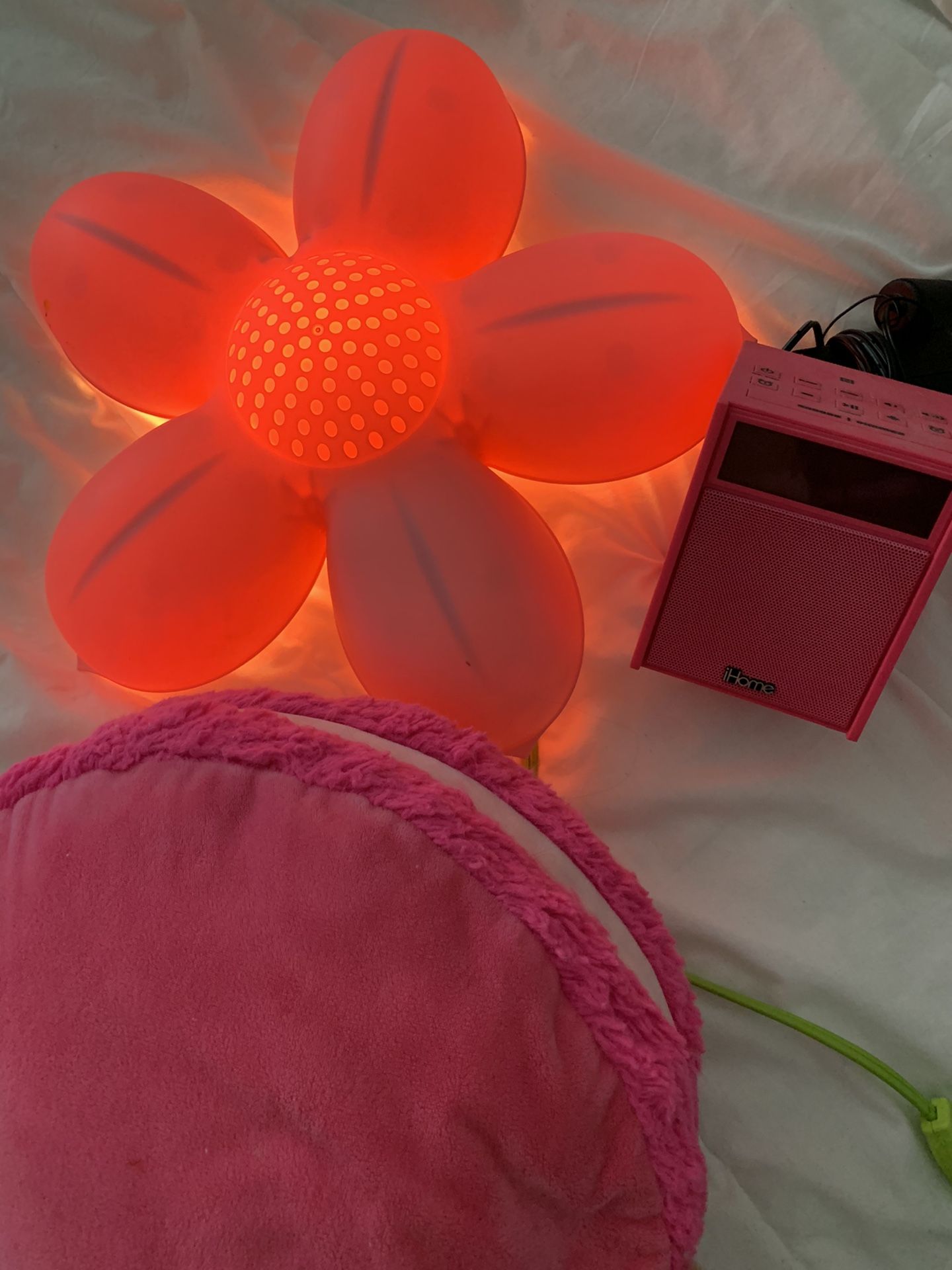 Pink room light, iHome radio, pillow