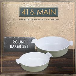 New 41 & Main Round Baker Set of 2 Stoneware Baking Dishes Mint Green 10”& 8”