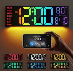 16.2" Large Digital Wall Clock with Bluetooth Sync, Alarm, Big LED, 8 RGB Color, Auto DST, Temperature