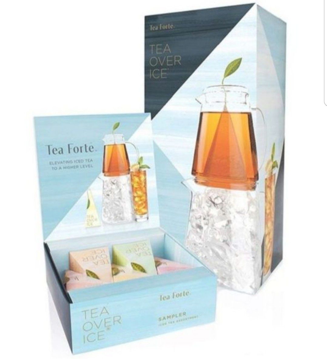 Tea Forte TEA OVER ICE Steeping Tea Pitcher Set and Iced Tea Infuser Sampler Box with 5 Different Tea Blends