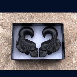 1/2” 12mm Gauge Skull and Wing Hanging Hook Earrings