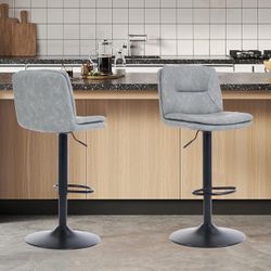 Swivel Bar Stools Set of 2, Adjustable Small Bar Stool with Double-Layer Upholstered Seat, Armless Leather Bar Stools with Back (Gray