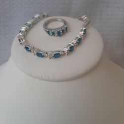 Blue &clear Rhinestone Bracelet And Ring 