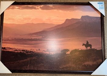 Framed Western Cowboy Sunset Landscape Print