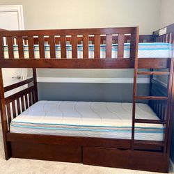 Brown Wood Bunk Bed  With STORAGE and Mattress