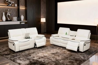 White leather fully reclining sofa and love seat set