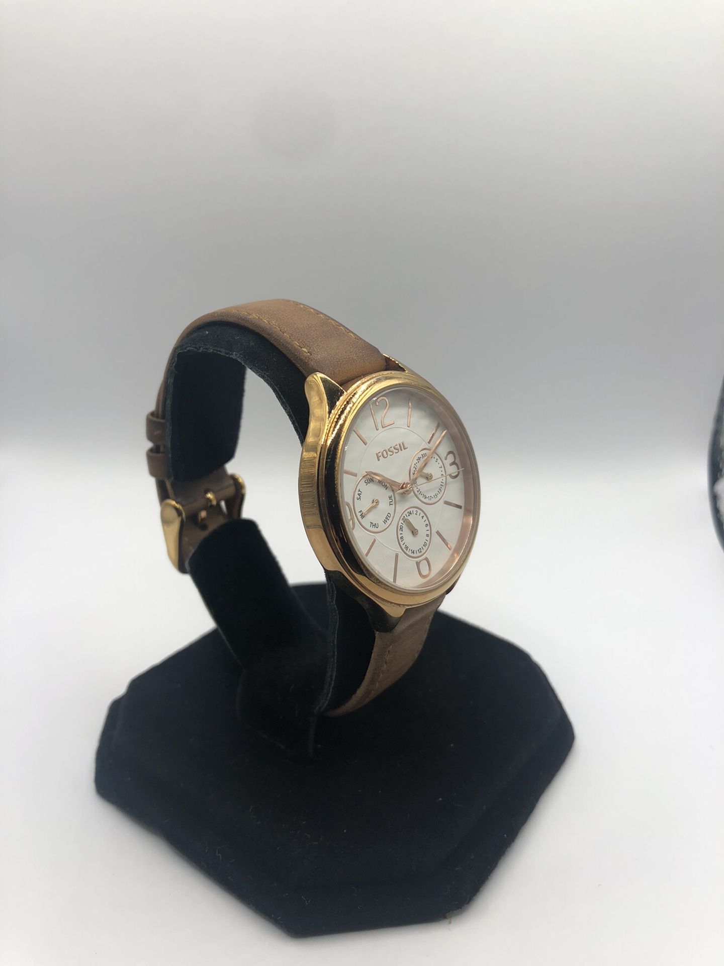 Fossil BQ3118 Multi-function Rose Gold Tone Brown Leather Women Watch