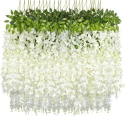 Wisteria Hanging Flowers 24 Pack Fake Flower Garland Artificial Wisteria Vines Rattan Silk Flower String Wedding Party Wall Decorations,White