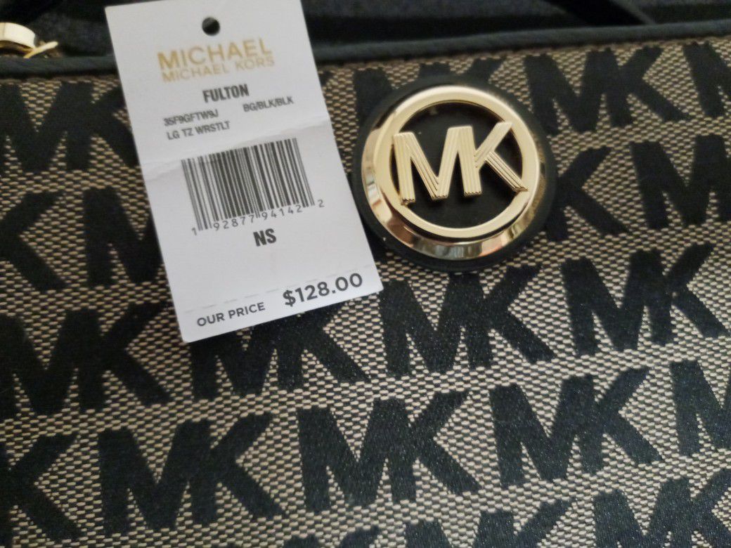 Reduced Again! Now $65! Firm Price!Brand New MK Wristlet Fulton Style  With Tags Authentic Stamped Leather& Cloth Was Gift $128 +Taxes Was $137  New!