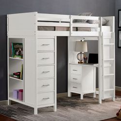 Cassidy White Finish Twin Size Loft Bed With Desk