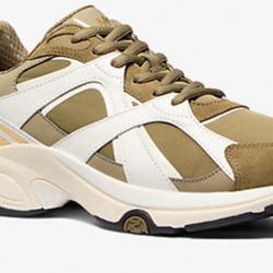 MICHAEL KORS MENS Leo Mixed-Media Trainer Stylish Olive and White Sneakers