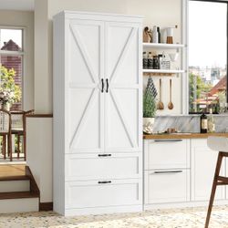 70'' Tall Kitchen Pantry with Shelf & Drawer, Farmhouse 2 Door Pantry Storage Cabinet for Dining Room Living Room, White  The Homfa 70'' ta