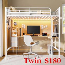 Twin Metal Loft Bed with L-Shaped Desk, Loft Bed Frame with Charging Station, Storage Bed with 2 Drawers & Open Shelf, Safety Guard & Ladder