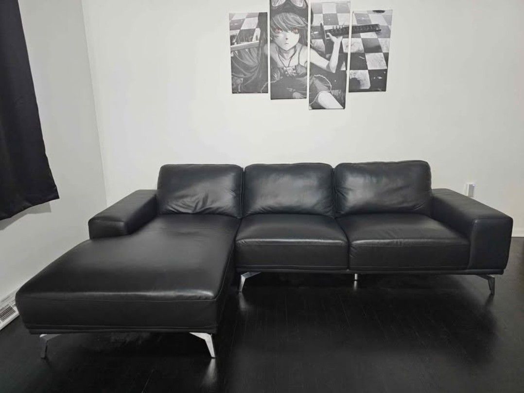 Modern Leather Sectional Sofa, L-Shape Couch w/Chaise on Left (Black)