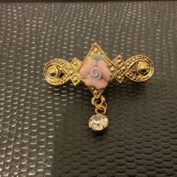 Small Gold Brooch With Rose And Dangling Rhinestone