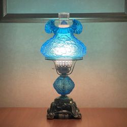 Vintage Fenton Blue Poppy Hurricane Lamp 