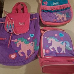 Unicorn purse, lunchbox, and backpack embroidered with "Ava"