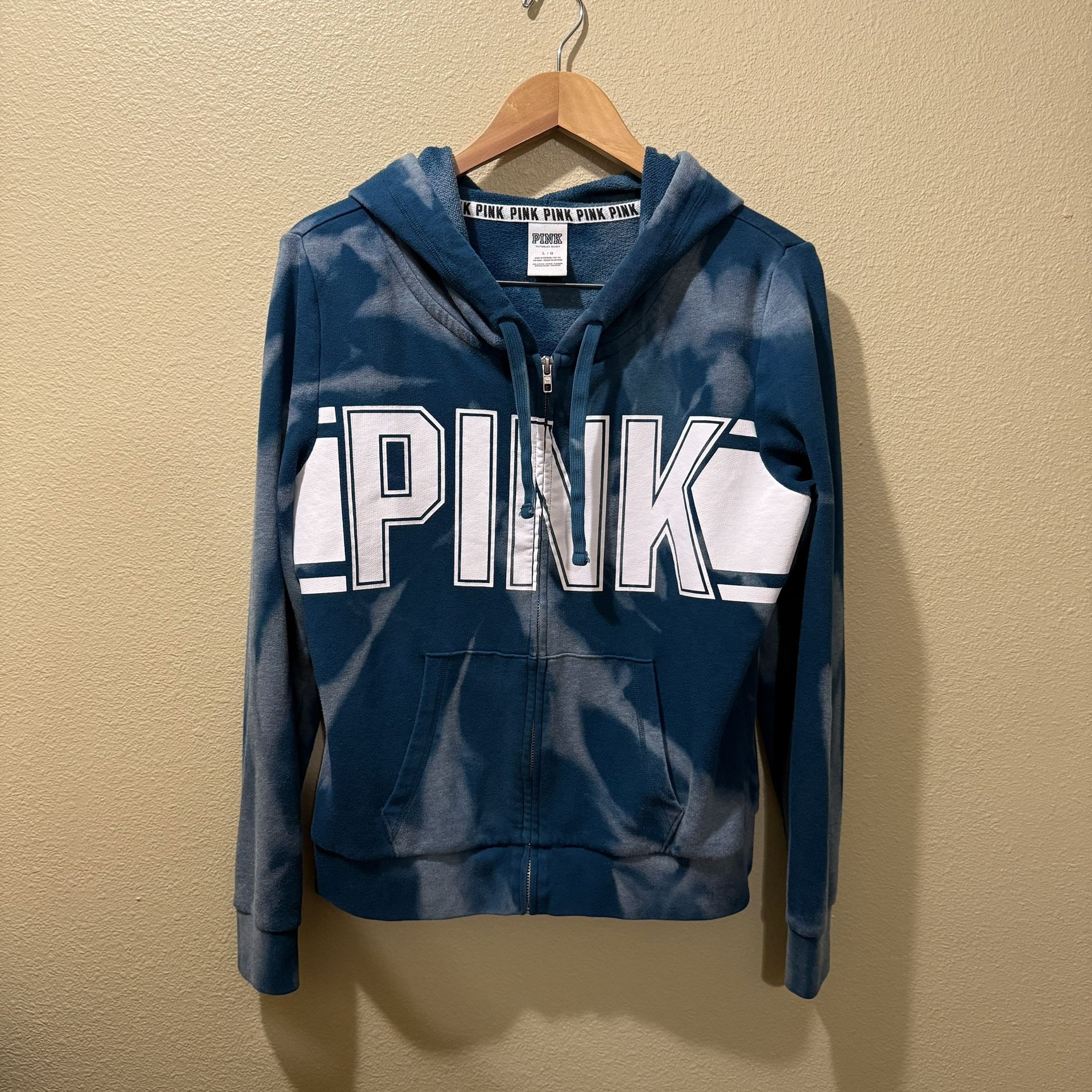 Women’s Large PINK Victoria’s Secret Teal Bleached Tie Die Full Zip Hoodie