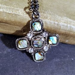 Gunmetal Abalone Paua Shell Maltese Cross Pendant Necklace