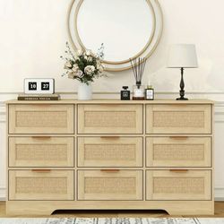 9 DRAWERS DRESSER NATURAL WOOD COLOR & RATTAN DETAILS GOLD HARDWARE BRAND NEW 56X17X32