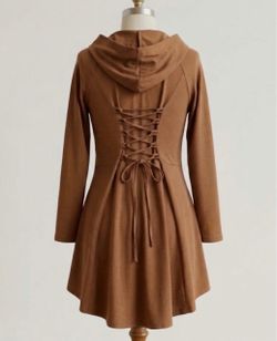 Brown Hooded Lace-Up Back Dress