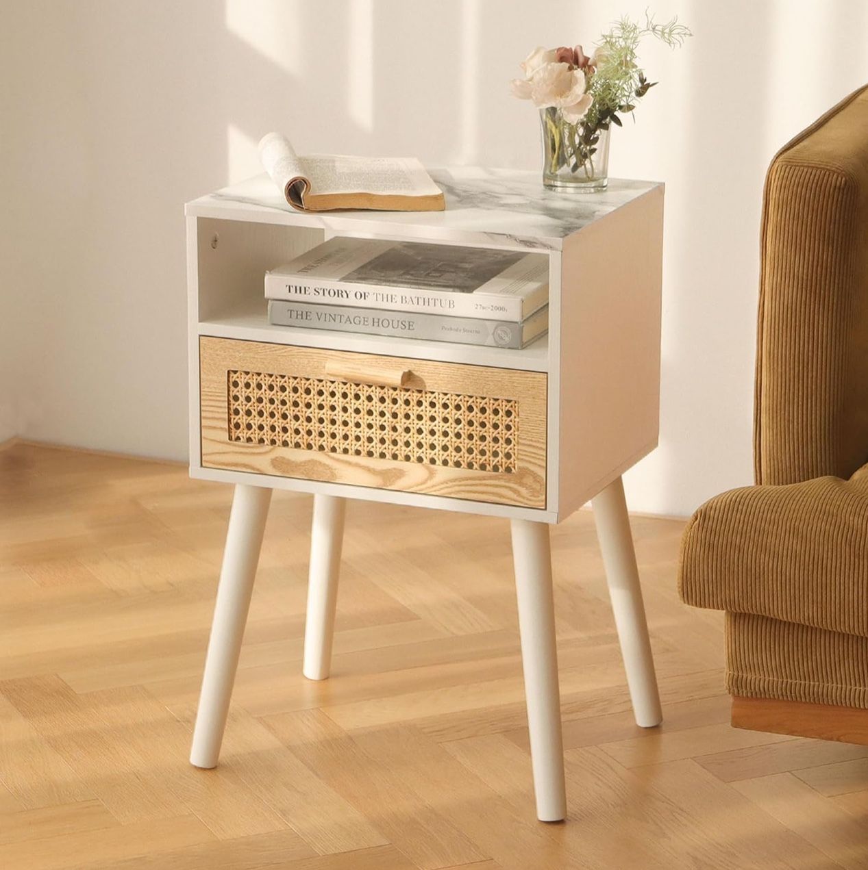 1 Modern Nightstand Rattan Side Table End Table with Storage Living Room Bedroom White Marble Boho