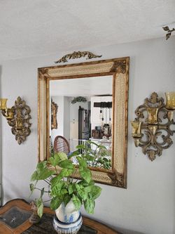 Vtge. Mid-Century Modern l  Wall French Provincial Mirror  With 3 ARMS CANDELABRA  CANDLE SCONCES  WITH 6 LARGE  AMBER TONE VOTIVES EXCELLENT PRE-OWNE