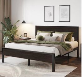 Metal Platform Bed Frame with Wood Headboard