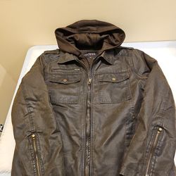 Men's GUESS Distressed Faux Brown Leather Hoodie Bomber Jacket Size Medium 