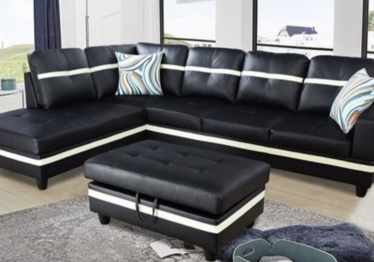 Black Leather Sectional Couch And Ottoman