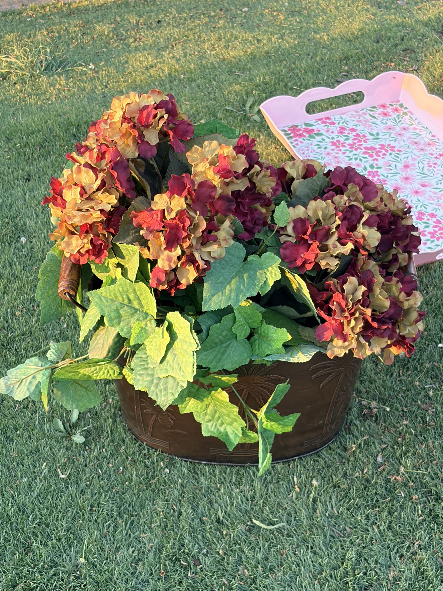 Decorative Faux Hydrangea Arrangement in Metal Planter